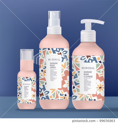 Vector Tinted Plastic Spray, Pump Bottle and Serum Bottle Package Set with Wrapping Label. Transparent White Caps. Vector Tinted Plastic Spray, Pump Bottle and Serum Bottle Package Set with Wrapping Label. Transparent White Caps. 99656863