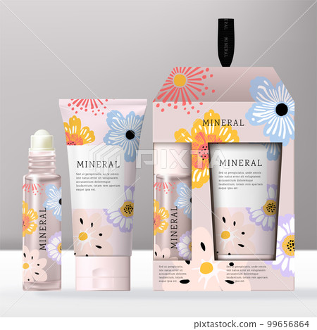 Vector Beauty or Skincare Hand Cream and Roll on Fragrance Oil in Gift Set Packaging Box with White Caps. 99656864