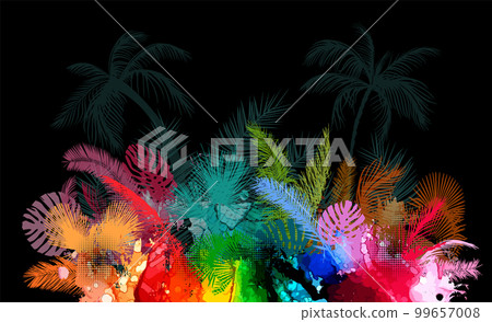 Palm trees colored background horizontal. Hello summer on a black background. Vector illustration 99657008
