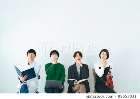 A group of students from various fields to think about: science, IT, humanities, arts A group of students from various fields to think about: science, IT, humanities, arts 99657031