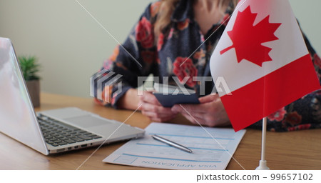 Canadian woman consular officer giving passport to male immigrant, work visa, citizenship. Visa Application online form immigration concept. Visa approval. Canadian woman consular officer giving passport to male immigrant, work visa, citizenship. Visa Application online form immigration concept. Visa approval. 99657102