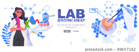 woman scientist analyzing dna of cultured chicken meat artificial lab grown meat production concept woman scientist analyzing dna of cultured chicken meat artificial lab grown meat production concept 99657182