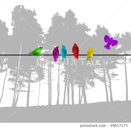 Colored birds on a wire. Tree silhouette. Vector illustration 99657275