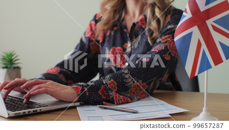 British embassy woman officer giving passport to man immigrant, student visa approval, work visa, citizenship. Visa Application online form immigration concept. Visa approval. British embassy woman officer giving passport to man immigrant, student visa approval, work visa, citizenship. Visa Application online form immigration concept. Visa approval. 99657287