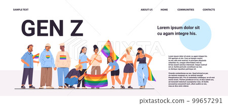 mix race people holding lgbt rainbow flags gay lesbian love parade pride festival transgender love generation Z concept 99657291