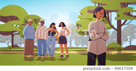 young girl being bullied by mix race teenagers violence bullying social anxiety generation Z lifestyle concept 99657309