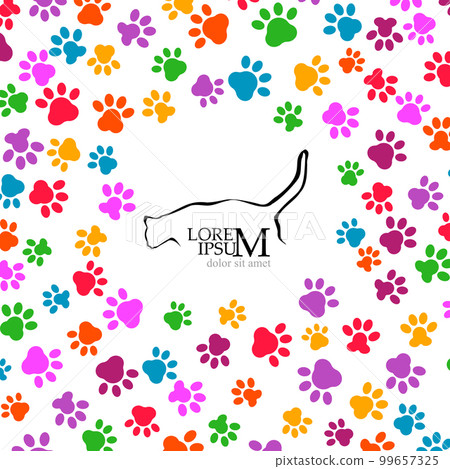 colored footprints of animals. Frame and silhouette of a cat. Vector illustration. World wildlife day 99657325