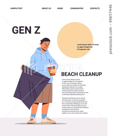 guy collecting trash into bag beach cleanup generation Z lifestyle concept new demography trend with progressive youth gen 99657446