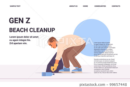 guy collecting trash into bag beach cleanup generation Z lifestyle concept new demography trend with progressive youth gen 99657448