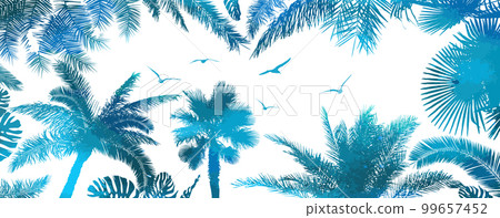 Horizontal frame with graphic blue palm trees. Vector illustration Horizontal frame with graphic blue palm trees. Vector illustration 99657452