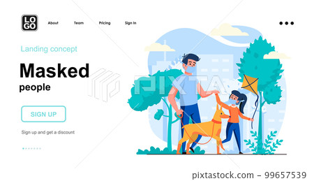 Masked people web concept. Father and daughter in masks walk dog in park, coronavirus epidemic. Template of people scenes. Vector illustration with character activities in flat design for website Masked people web concept. Father and daughter in masks walk dog in park, coronavirus epidemic. Template of people scenes. Vector illustration with character activities in flat design for website 99657539