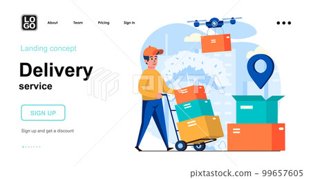 Delivery service web concept. Drone delivers parcel, warehouse worker transports boxes with orders. Template of people scenes. Vector illustration with character activities in flat design for website 99657605