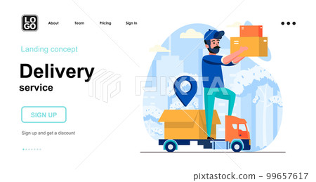 Delivery service web concept. Courier carrying parcels at home, tracking and transportation boxes. Template of people scenes. Vector illustration with character activities in flat design for website 99657617