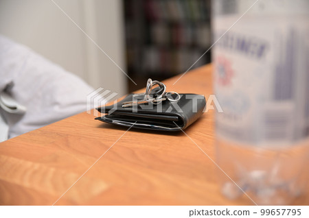 Bunch of keys on a black leather wallet 99657795