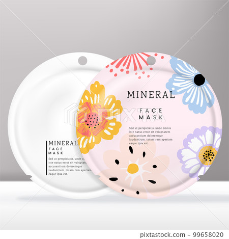 Vector Round Shaped Facial Mask Foil Bag Packet with Hand Drawn Floral Print Pattern. 99658020