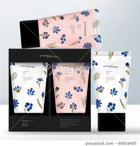 Vector Beauty Hand Cream Flat Opaque and Clear Tube Gift Box Packaging. Floral or Herbal Pattern Design. 99658485