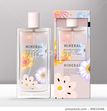 Vector Clear Glass or Plastic Tall Screw Cap Perfume or Fragrance Bottle with Floral Print Open Window Carton Box Packaging. 99658486