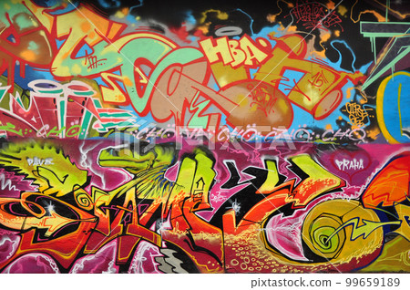 Closeup shot of a legal public graffiti wall on Tesnov Street in Prague, Czech Republic Closeup shot of a legal public graffiti wall on Tesnov Street in Prague, Czech Republic 99659189