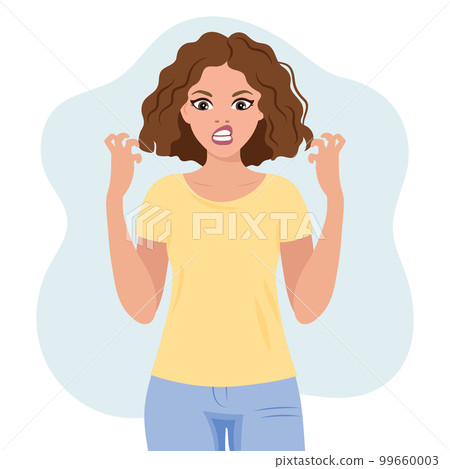 Aggressive woman with angry expression gesturing with her hands. Human emotions. Flat style illustration, vector Aggressive woman with angry expression gesturing with her hands. Human emotions. Flat style illustration, vector 99660003
