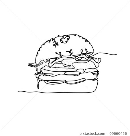 Continuous one line of hamburger in silhouette on a white background. Linear stylized.Minimalist. Fast food 99660436