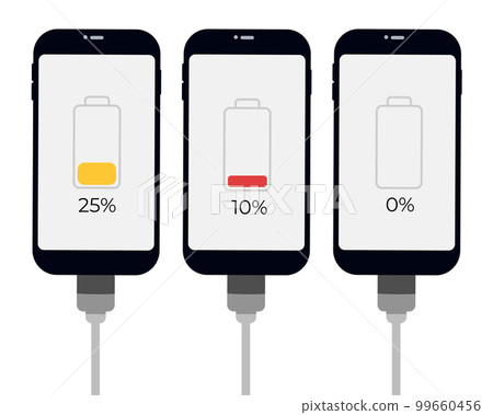 Set of smartphones with battery level indicator and USB connection. Vector infographic. 99660456