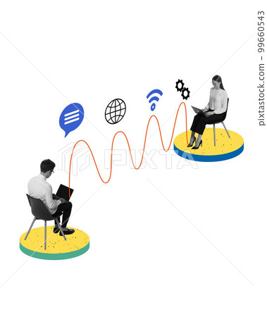Communication. Contemporary isometric art collage. Business people, employees working, overcoming difficulties, moving to success, creating ideas. Concept of business, teamwork, achievement 99660543