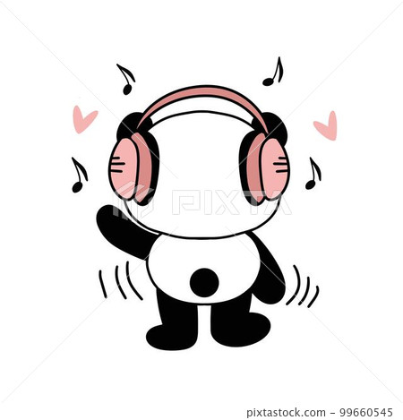Cute panda loves listening to music with headphones. Illustration in a modern style for clothing, printing, labels, stickers, surface design. White background. 99660545