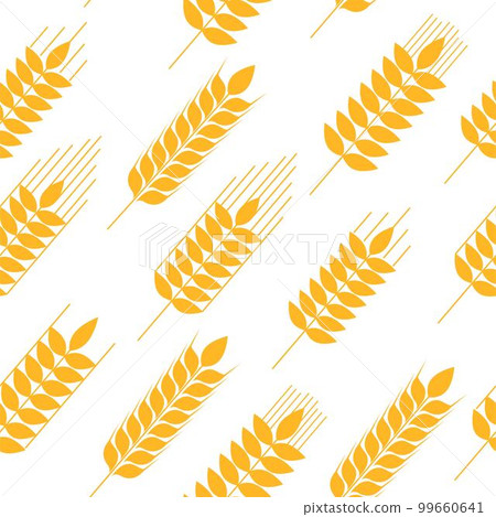 Seamless pattern of golden ripe wheat spikelets. Agricultural symbol, flour production. Vector silhouette of wheat. Illustration on a white background. 99660641