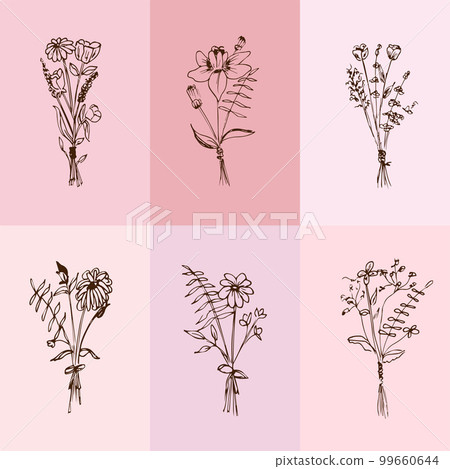 Botanical drawing. Minimal plant logo, meadow greenery, leaves and flowers abstract sketch collection, linear rustic branch. Vector hand drawn wedding invitation bouquet decoration set Botanical drawing. Minimal plant logo, meadow greenery, leaves and flowers abstract sketch collection, linear rustic branch. Vector hand drawn wedding invitation bouquet decoration set 99660644