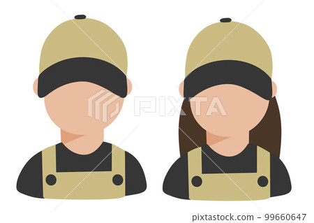 Repair service workers logo. Man and woman. Mechanical workshop. Vector illustration 99660647