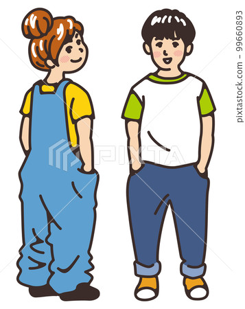 小學生和穿著便服的孩子把手放在口袋裡 小學生和穿著便服的孩子把手放在口袋裡 99660893