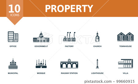 Property icon set. Monochrome simple Property icon collection. Office, Government, Factory, Church, Townhouse, Municipal, Mosque, Railway Station, Lighthouse, Villa icon Property icon set. Monochrome simple Property icon collection. Office, Government, Factory, Church, Townhouse, Municipal, Mosque, Railway Station, Lighthouse, Villa icon 99660915