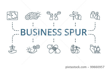 Business Spur icon set. Monochrome simple Business Spur icon collection. Tactics, Brain Storm, Communication, Solution, Problem Solving, Opportunity, Realization, Team Spirit, Persistence, Keep Going Business Spur icon set. Monochrome simple Business Spur icon collection. Tactics, Brain Storm, Communication, Solution, Problem Solving, Opportunity, Realization, Team Spirit, Persistence, Keep Going 99660957