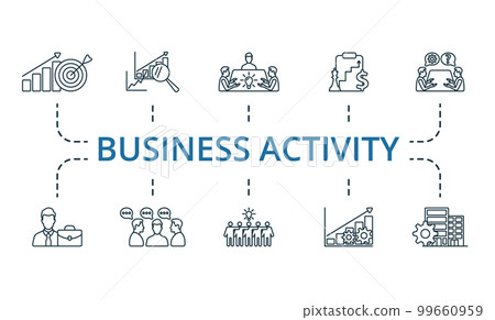 Business Activity icon set. Monochrome simple Business Activity icon collection. Business Target, Benchmarking, Corporate Brainstorming, Corporate Strategy, Business Consulting, Executive, Discussion Business Activity icon set. Monochrome simple Business Activity icon collection. Business Target, Benchmarking, Corporate Brainstorming, Corporate Strategy, Business Consulting, Executive, Discussion 99660959