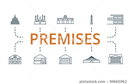 Premises icon set. Monochrome simple Premises icon collection. Municipal, Mosque, Railway Station, Lighthouse, Villa, Post Office, Warehouse, Garage, Circus, Bank icon Premises icon set. Monochrome simple Premises icon collection. Municipal, Mosque, Railway Station, Lighthouse, Villa, Post Office, Warehouse, Garage, Circus, Bank icon 99660962