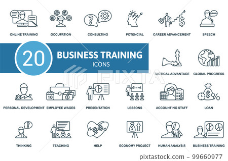 Business Training icon outline set. Line Business Training icon collection. Online Training, Occupation, Consulting, Potencial, Career Advancement, Teaching, Help, Economy Project, Human Analysis Business Training icon outline set. Line Business Training icon collection. Online Training, Occupation, Consulting, Potencial, Career Advancement, Teaching, Help, Economy Project, Human Analysis 99660977