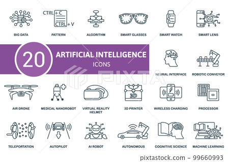Artificial Intelligence icon outline set. Monochrome simple Artificial Intelligence icon collection. Big Data, Pattern, Algorithm, Smart Glasses, Smart Watch, Autopilot, Ai Robot, Autonomous Artificial Intelligence icon outline set. Monochrome simple Artificial Intelligence icon collection. Big Data, Pattern, Algorithm, Smart Glasses, Smart Watch, Autopilot, Ai Robot, Autonomous 99660993