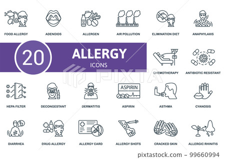 Allergy icon set. Monochrome simple Allergy icon collection. Food Allergy, Adenoids, Allergen, Air Pollution, Elimination Diet, Drug Allergy, Allergy Card, Allergy Shots, Cracked Skin, Allergic Allergy icon set. Monochrome simple Allergy icon collection. Food Allergy, Adenoids, Allergen, Air Pollution, Elimination Diet, Drug Allergy, Allergy Card, Allergy Shots, Cracked Skin, Allergic 99660994