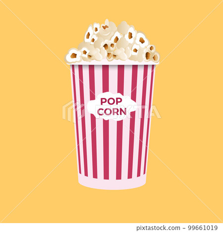 Popcorn isolated on a yellow background. A flat-style movie theater icon. A light snack. A large red and white striped box. Vector illustration. Popcorn isolated on a yellow background. A flat-style movie theater icon. A light snack. A large red and white striped box. Vector illustration. 99661019