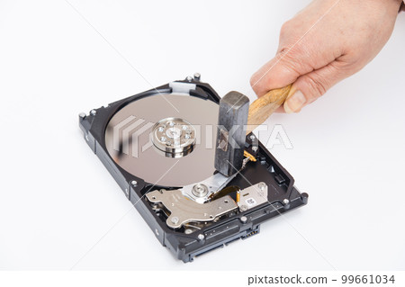 [Woman destroying HDD with a hammer] 99661034
