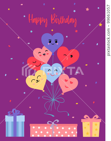 Heart shaped balloons in kawaii style. Happy birthday inscription and gift boxes. Vector illustration isolated on white background. Heart shaped balloons in kawaii style. Happy birthday inscription and gift boxes. Vector illustration isolated on white background. 99661057