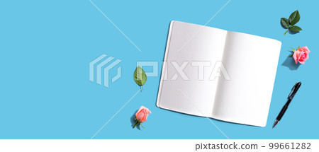 Blank open notebook with a pen from above 99661282