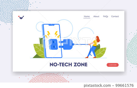 No-tech Zone Landing Page Template. Technology Timeout Concept With Tiny Woman Power Off Huge Phone To Take A Break 99661576