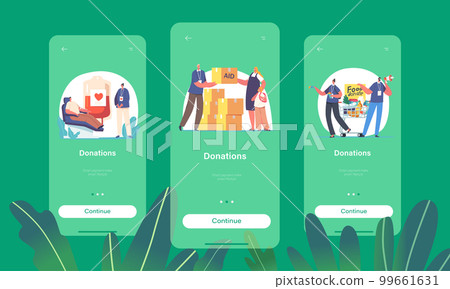 Donations Mobile App Page Onboard Screen Template. Volunteers Characters Donate Food, Aid and Blood for Supporting 99661631