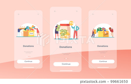 Donations Mobile App Page Onboard Screen Template. Tiny People Filling Cardboard Box with Clothes, Food and Money 99661650