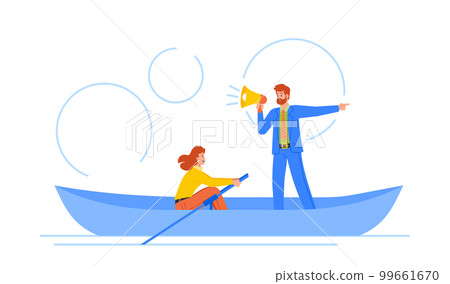 Progress, Movement And Advancement Concept. Woman Rowing Steadily Towards A Clear Destination With Guidance Of Leader 99661670