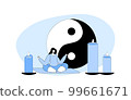 Female Character Meditate with Feng Shui Symbols Yin Yang and Candles around. Woman Meditating in Lotus Pose, Yoga 99661671