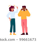 Couple Quarrel, Partners Use Hand Gestures To Emphasize Their Point. They Stand Close To Each Other Vector Illustration 99661673