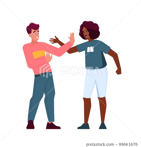 Couple Quarrel With Raised Voices. Man and Woman Characters Shouting At Each Other with Tense Emotions, Hands Gestures Couple Quarrel With Raised Voices. Man and Woman Characters Shouting At Each Other with Tense Emotions, Hands Gestures 99661676