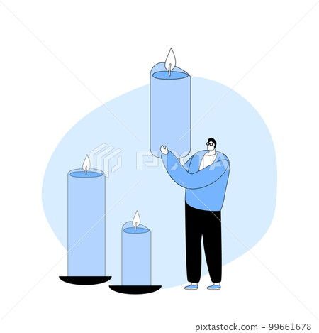 Tiny Male Characters with Huge Burning Candles around. Feng Shui Oriental Philosophy, Tradition or Culture, Energy Tiny Male Characters with Huge Burning Candles around. Feng Shui Oriental Philosophy, Tradition or Culture, Energy 99661678